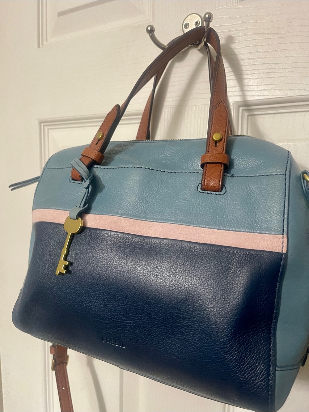 FOSSIL RACHEL 2-Tone Twilight Blue Leather Convertible Satchel Crossbody Bag - Picture 2 of 16